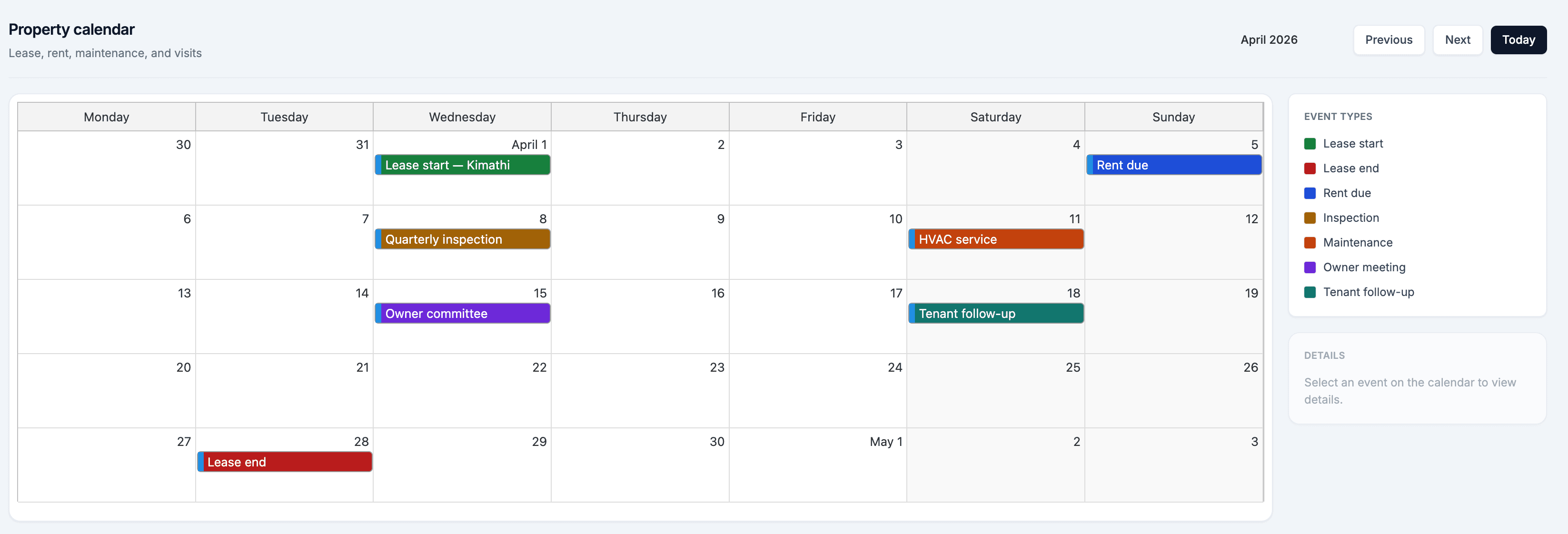 Occupancy scheduler timeline with units by block and colored status segments across a date range