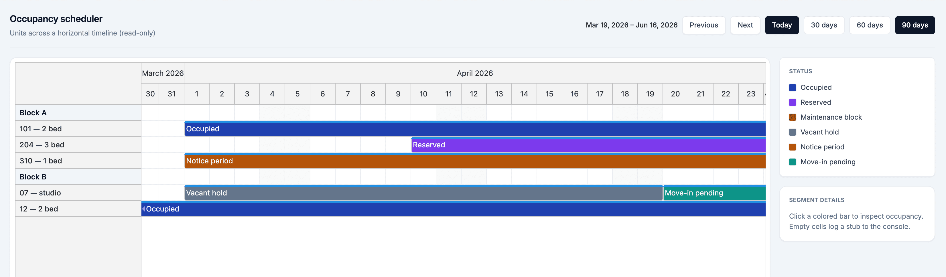 Property calendar monthly view with color-coded lease, rent, maintenance, inspection, and visit events
