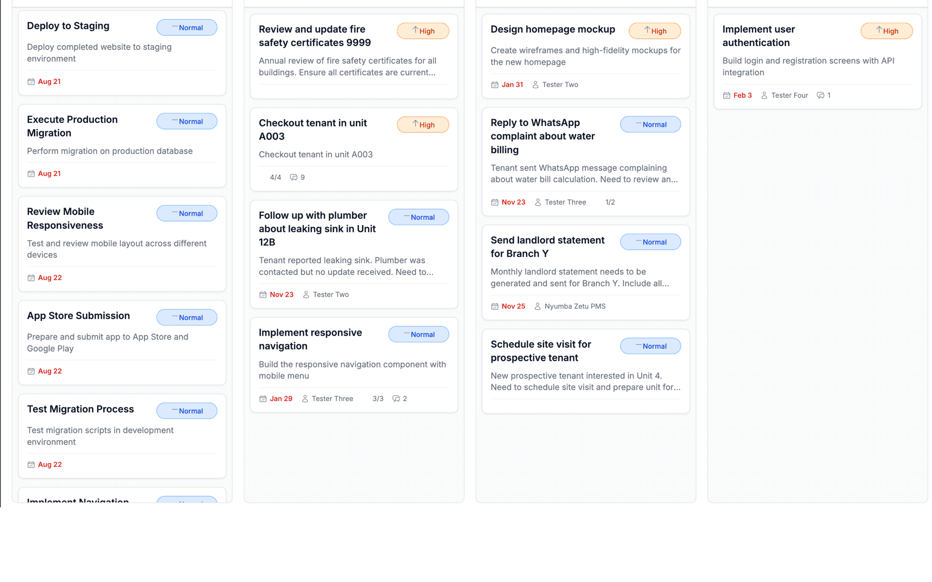 Task management Kanban board with Open, In Progress, Waiting, Blocked, and Completed columns